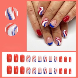 Independence Day Press on Nails Short Square Fake Nails Colorful Waves Design Glue on Nails Blue French Tip False Nails 4th of July Full Cover Stick on Nails for Women Celebrate Festival Decor 24Pcs