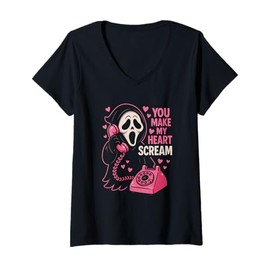 Womens Cute Creepy Horror Make My Heart Scream Valentine’s Day V-Neck T-Shirt
