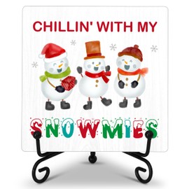 Cazhes Cute Snowmies Christmas Wooden Decor, Christmas Decorations for Home Bedroom, 5x5 Inches Xmas Snowman Snowflake Sign with Iron Stand, Birthday New Year Gifts-G11