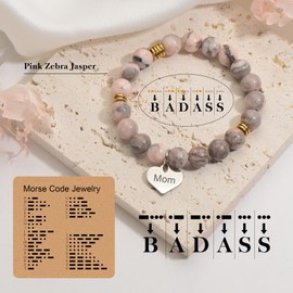 Qlaway Morse Code Beaded Bracelet for Mom Christmas Gift Elastic Rope Natural Stone Pink Zebra Stone Bead Bracelet Mom Birthday Gift Jewelry Bracelet Funny Gift Valentine's Day（mom）
