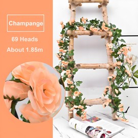 KEAIDUO 2 Pack 6.07FT (185cm) Artificial Flowers Garland Rose Vine Hanging Flowers for Decorations, Faux Rose Flowers with Realistic Design for Home Garden, Wedding Party Champange