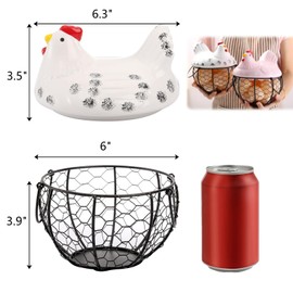 AVLA Chicken Egg Basket, Black Wire Egg Collection Baskes with Ceramic Lid for Gathering Fresh Eggs, Chicken Egg Holder, Decorative Farmhouse Cute Eggs Storage Container for Kitchen, Countertop