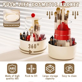 Dayinkes Makeup Brush Holder with Lid, Rotating Makeup Organizer Press Pop-Up 360° Rotation Cosmetic Storage, Thick Abs Material for Vanity/Office/School/Dorm Room (Red)
