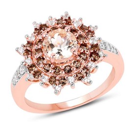 18K Rose Gold Plated 1.65 Carat Genuine Morganite, Smoky Quartz and White Zircon .925 Sterling Silver Ring