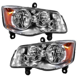HECASA Pair Headlight Headlamp Chrome Housing Clear Lens Compatible With 2011-2019 Dodge Grand Caravan 4-Door Van 2008-2016 Chrysler Town & Country Left & Right Replacement For 68206500AC