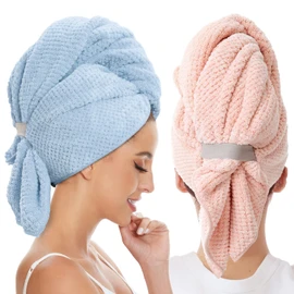 Paquete de 2 toallas grandes de microfibra para el cabello para mujer, toalla de secado de pelo antiencrespamiento, turbante de cabello de secado rápido para cabello mojado, largo, grueso, rizado, toallas de cabello suaves súper absorbentes (azul y rosa)