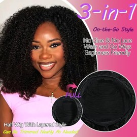 Peluca de media longitud rizada Kinky Curly con densidad del 200%, sin pegamento, de 20 pulgadas, 3 en 1, para mujer, sintética, con cordón ajustable,