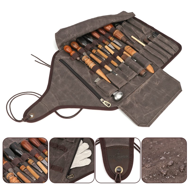 TOURBON Waxed Canvas Tool Roll Up Bag, 25-Pocket Wood Carving