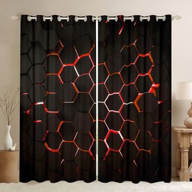 Honeycomb Curtains for Bedroom Geometric Hexagon Window Treatment Red Ultra Soft Decor Window Drapes Geometrical Window Draperies for Kids Adults W46*L54