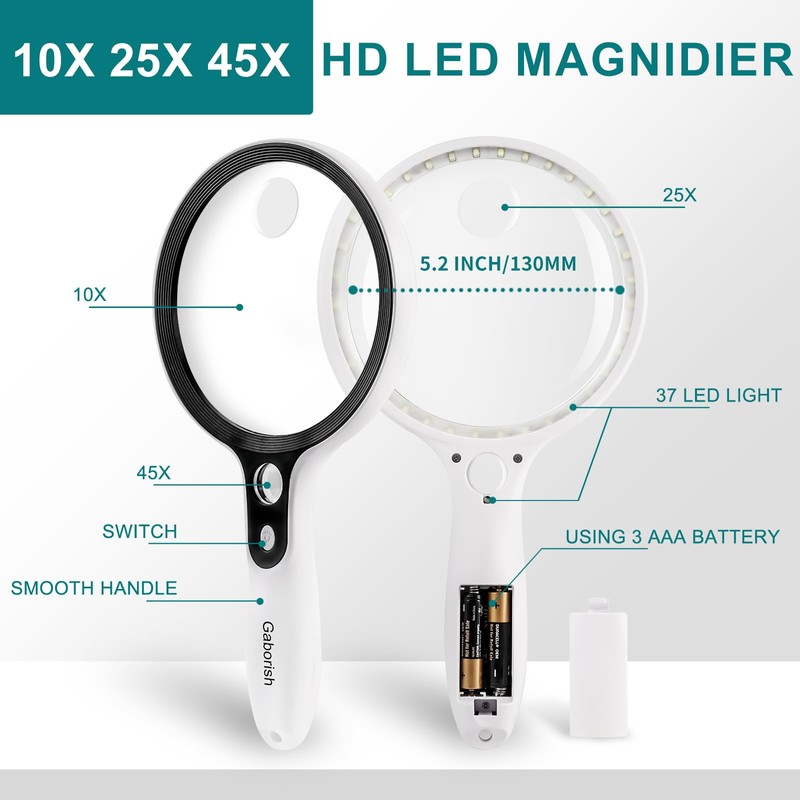 Large Magnifying Glass with 37 LED Light and Case, 10X