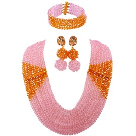 aczuv 8 Lines Statement Strand Necklaces Nigerian Wedding African Beads Jewelry Set Crystal Bridal Jewelry Sets (Pink Champagne Gold AB)