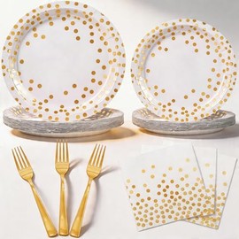 Party Supplies 100 pcs for 25 Guests, Stylish Foil Polka Dots Paper Plates 9 inch & 7 inch, White Paper Napkins Disposable Forks for Garden Party,Birthday,Wedding,and everyday meals