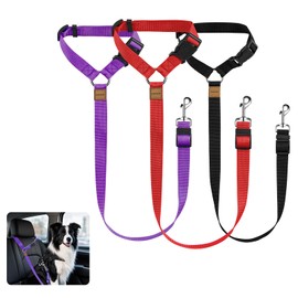 3 Pack Dog Seat Belt for Car, Car Headrest Restraint Adjustable Nylon Fabric, Dog Restraints Vehicle Seatbelts Harness (Black & Red & Purple)