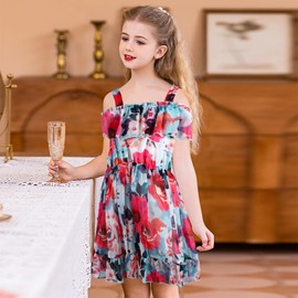 Nutyomi Toddler Baby Girls Summer Dress Chiffon Strap Off Shoulder Ruffle Dresses Fancy Daisy Sunflowers Toddler Girls Dress for Hawaiian Vacation Beach Wedding Birthday Party, Red, 110, Size 4-5T