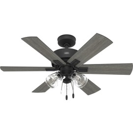 Hunter Fan 44 Inch Matte Black Ceiling Fan with Light, Reversible and WhisperWind motor, Modern Ceiling Fan with 6 Blades for Bedroom, Living Room, Kitchen (Renewed)