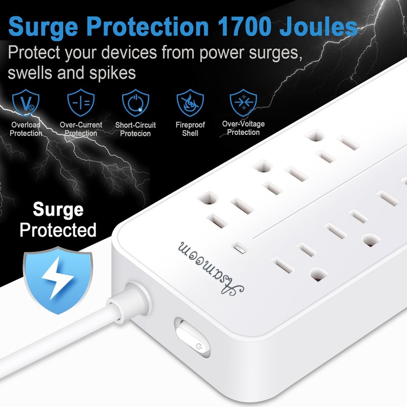20FT Surge Protector Power Strip Extension Cord with USB C,
