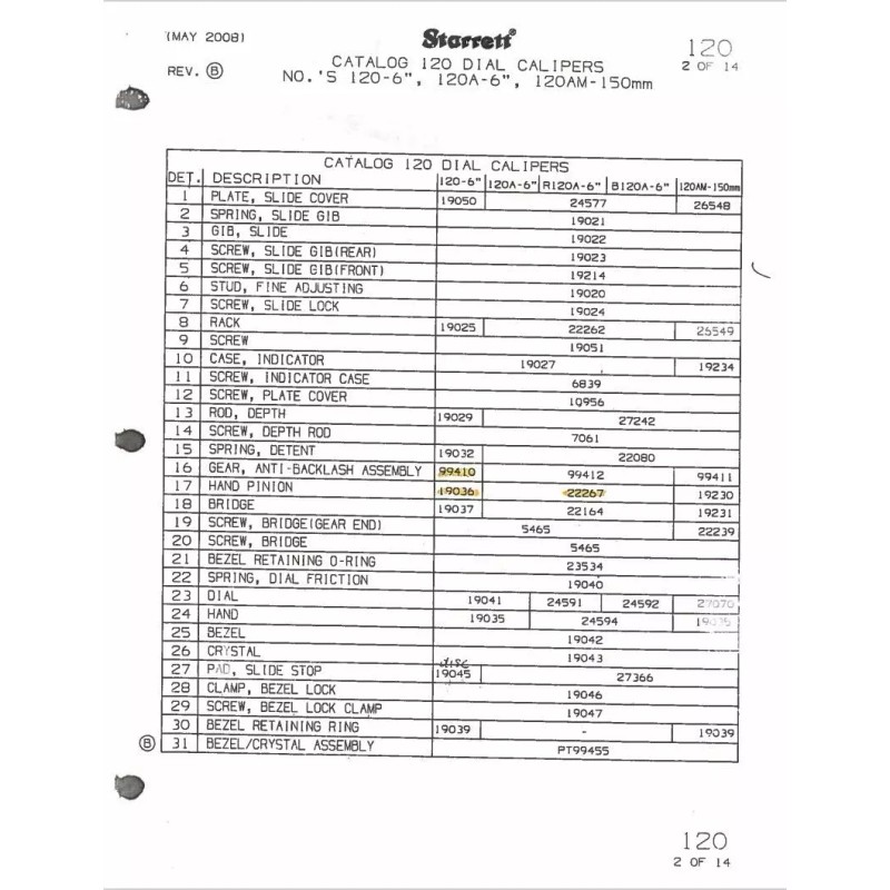 Starrett PT19052 Anti-Backlash Gear ONLY for 120-6 Dial Calipers