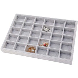 Grey Velvet Stackable 30 Compartments Jewelry Tray Showcase Display Organizer Holder Rectangle Storage Box Case Containers Chest for Women Crystal Stone,Stud Drop Earring,Watch,Bead,Trinket,Diamond