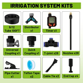 Drip Irrigation Kit - 100 FT. Hose Sprinkler System with 360° nozzles and T-connectors for Gardens, lawns, Plants, Flower beds, Trees, patios and hydroponics (Closeable nozzle-28)