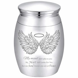 CREATCABIN Angel Wings Engraving Small Keepsake Urn Stainless Steel Mini Cremation Urn Funeral Memorial Ashes Preserve for Human Ashes Pet Ashes Waterproof Decorative Commemorative Gift 1.57x1.18in