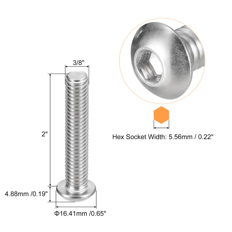 sourcing map 3/8-16x2" Button Head Socket Cap Screws, 5pcs 304
