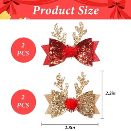 Christmas Hair Accessories,4Pcs Christmas Hair Clips Glitter Antler Bow Hair Clips Christmas Bow Headwear,Cute Xmas Reindeer Hair Bow Barrettes,Elk Christmas Accessories for Kids Toddler Girls