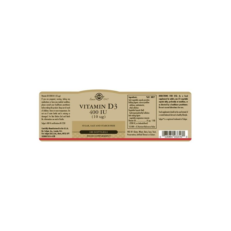Solgar Vitamin D3 400 IU 100 softgels
