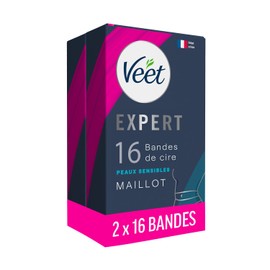 Veet Expert – 32 Kaltwachsstreifen für Trikot – empfindliche Haut – perfekte Verarbeitung – langanhaltende Haarentfernung – 2 x 16 Streifen