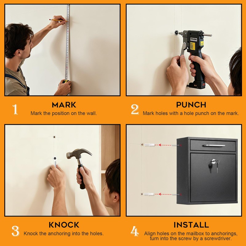 xydled Steel Mailbox Wall Mount, Medium Locking Mailbox with Key