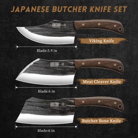 HOSHANHO Butcher Knife Set, 3-Piece High Carbon Steel Serbian Chef Knife Set of Heavy Duty Boning Knife & Meat Cleaver Knives & Viking Knives for Home, Cooking, Outdoor Camping BBQ