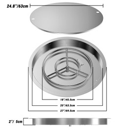 Skyflame 25 Inch Round Stainless Steel Drop-in Fire Pit Pan Fire Bowl with Burner Ring and Protective Cover, DIY Firepit System Assembly Set for Both Natural Gas and Liquid Propane