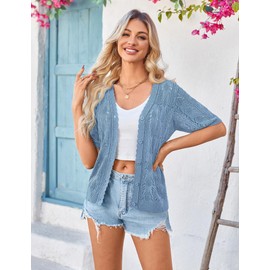 Yekaty Light Blue Short Sleeve Crochet Cardigan Lightweight Button Open Knit Sweater Cropped Spring Shrugs