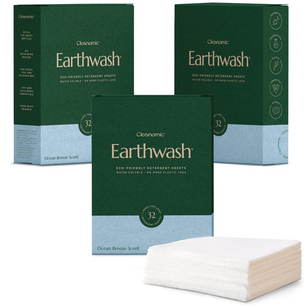 Earthwash Laundry Detergent Sheets (Up To 192 Loads) 96 Ocean Breeze Sustainable Sanitizer Strips - Ideal for Travel & Home Liquidless Laundry by Cleanomic