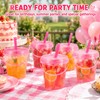 48 Set Clear Pink Bucket Cups with Lids and Straws,
