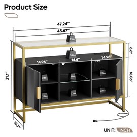 Bestier LED Coffee Bar Cabinet with Power Outlet, 47" Glass Modern Sideboard Buffet Cabinet with Storage, Fluted Bar Cabinet with Door for Living Room, Bedroom, Kitchen, Classic Black