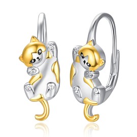 Cat Hoop Earrings Sterling Silver Small Animal Leverback Hoop Earrings Cat Huggie Hoop Earrings for Sensitive Ears Cat Jewelry Gifts for Women