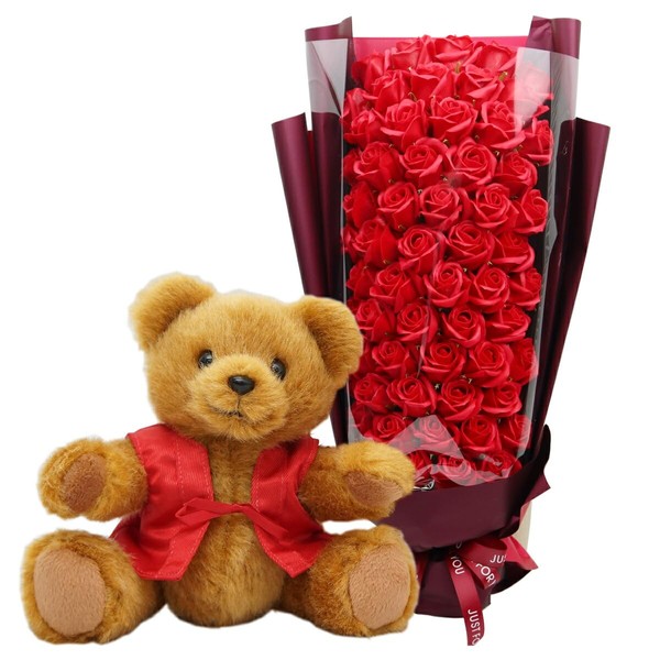 Sixtieth Birthday Celebration Women's "Gift of 60 Roses made of 60 Sixty Birthday Bears and Soap" (Red Roses and Brown Bears) with 60 Birthday Message Cards (Fixed Sentence Type)> [Soap Flowers, 60