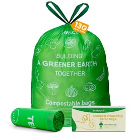 TERRACOR 13 Gallon Compostable Trash Bags Drawstring, Heavy Duty Extra Thick 1 Mil, 35 Bags, Tall Kitchen Food Scrap Waste Bag, ASTM D6400