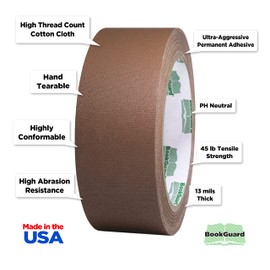 BookGuard 1-1/2 Inch Vinyl-Coated Cotton Cloth Bookbinding Repair Tape, 15 Yard Roll, Light Brown
