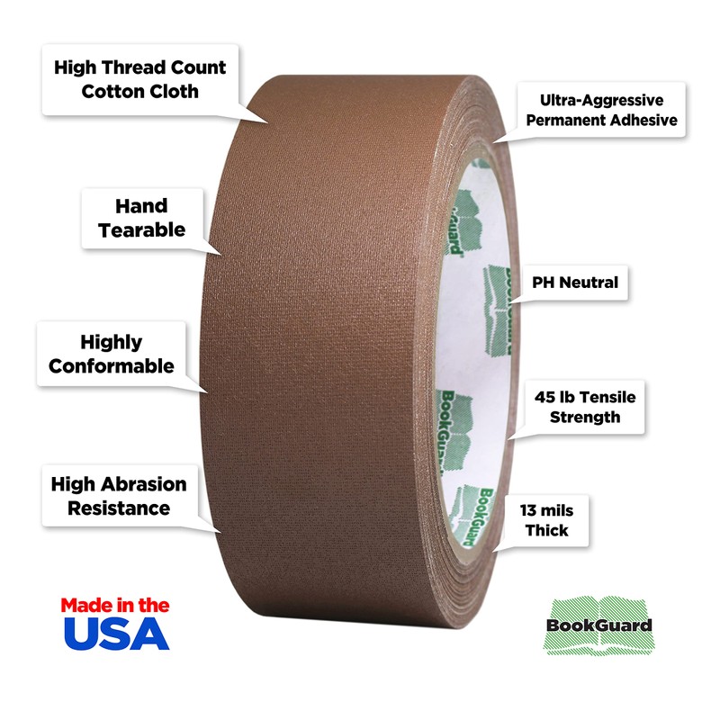 BookGuard 1-1/2 Inch Vinyl-Coated Cotton Cloth Bookbinding Repair Tape, 15