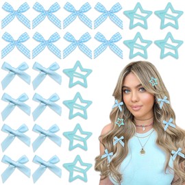 Arocooy Blue Bow Clips 24PCS Gingham Hair Clips Y2K Snap Star Hair Accessories Satin Barrettes Bowknot for Ponytail Girls Women