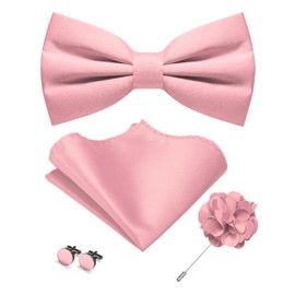 Auiremrti 4-piece Pink Pre-tied Bow Tie and Pocket Square, Cufflinks, Lapel Pin Set for Men for Parties, Business, and Weddings