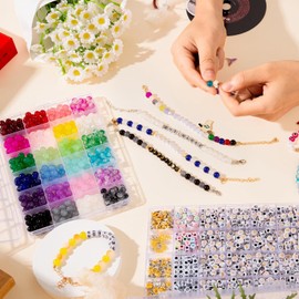 Goldwise Glass Beads Friendship Bracelet Kit - 2 Boxes with 24 Colors Glass Beads (8mm) and Letter Beads (A-Z) for Jewelry Making, Varieties of Charms, Bracelet Making Kit, DIY Crafts for Gifts