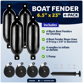 Five Oceans 4-Pack Boat Fenders - 6.5 x 23-Inch, Black - Boat Bumpers for Docking - 4 Ropes Lines 3/8-Inch x 5-Ft - Inflator Pump and 4 Needles for Pontoon Fishing Bass Sport Boats Sailboats - FO4540
