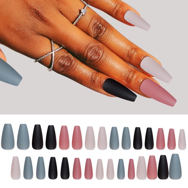 30 Piece Nail Piece Set, Scrub Color, Long Ballerina, Stylish, Gray, Pink, Black, Easy to Apply and Reusable, Women's, Cute, Popular, Advanced (Matte Suit)
