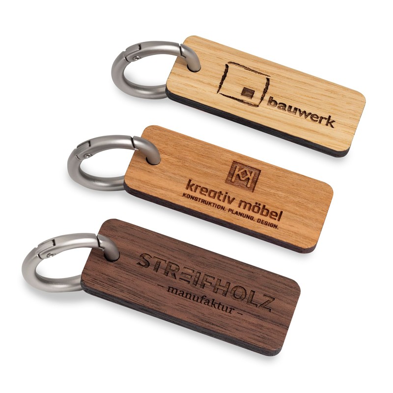 STREIFHOLZ Wooden Keyring with Engraved Logo, Walnut Oak and Cherry