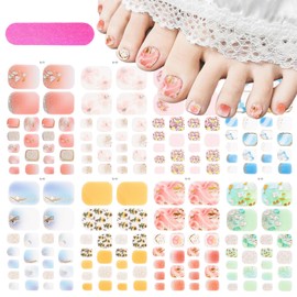 8 Sheets Flower Toe Nail Wraps Stickers Floral Nail Polish Strips Self-Adhesive Daisy Toe Nail Stickers with Marble Glitter Design Full Nail Decals Kit for Women Flowers Nail Decoration