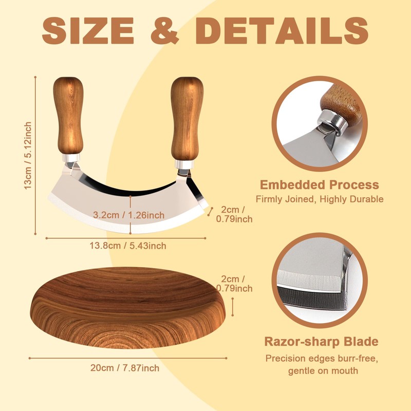 Pebblini Cutting Board & Mezzaluna Knife Herb Chooper–Wooden Chopping Board