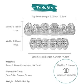 Txdvbls Grillz Teeth Men Diamond Silver Grills for Your Teeth 14K Gold Plated Top Bottom Iced Out Poker Mouth Grillz