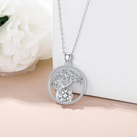 LONAGO Birthstone Tree of Life Necklace Silver Tree Pendant Necklace Gift for Women (April - Cubic Zirconia)